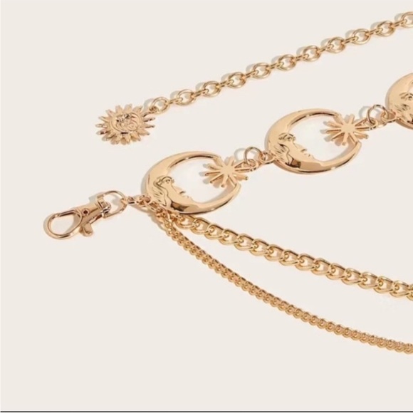 Celestial Crescent Moon Multi Layer Chain Statement Belt Metal Waist Belt Gold - Picture 10 of 13